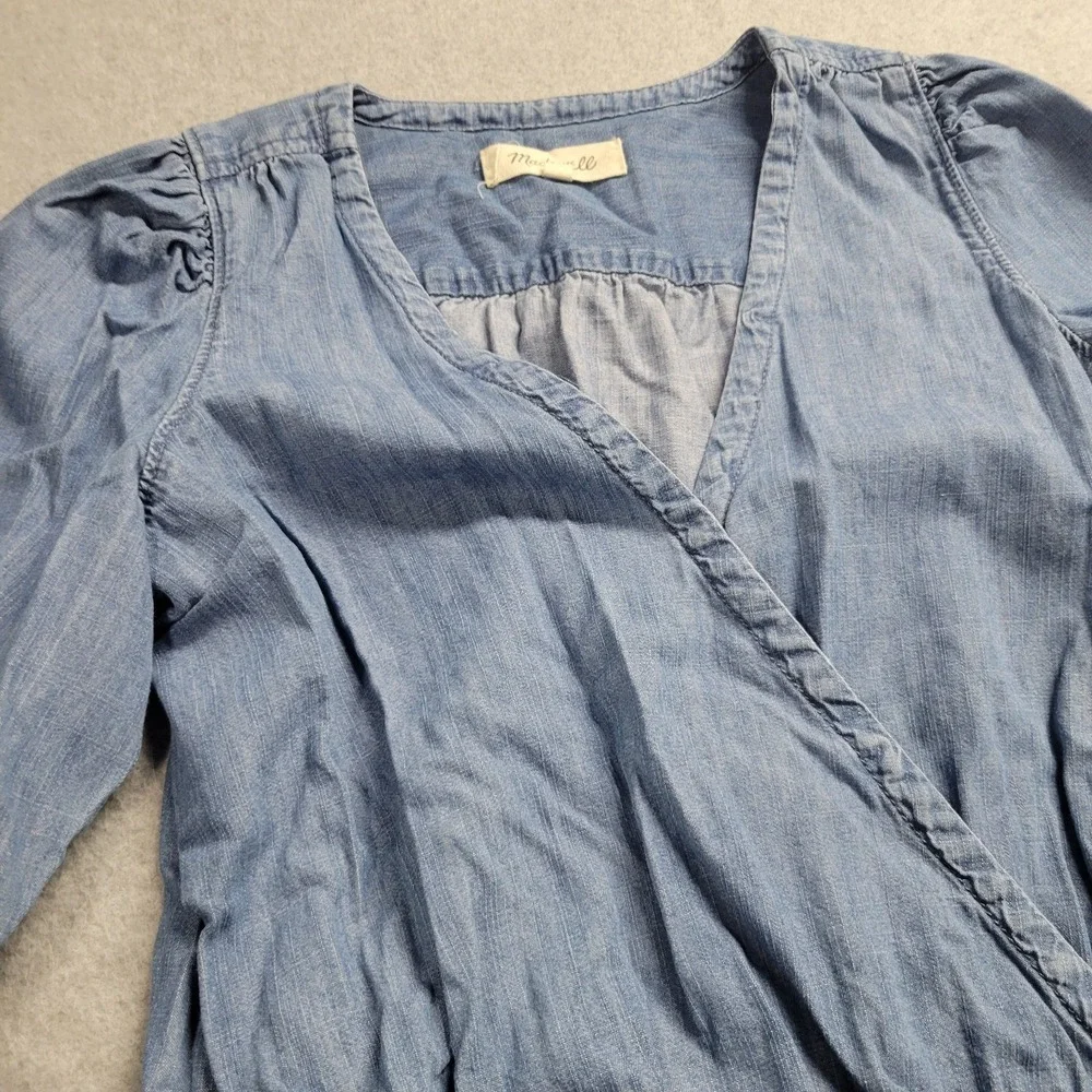 Madewell Womens XXS Blue‎ Denim 3/4 Puff Sleeve Peplum Wrap Blouse Cotton Blend